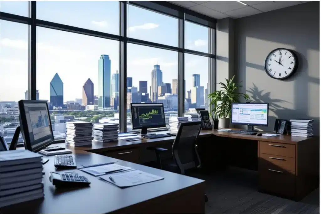 Bookkeeping in Plano TX with organized office desk and financial reports for efficient business management