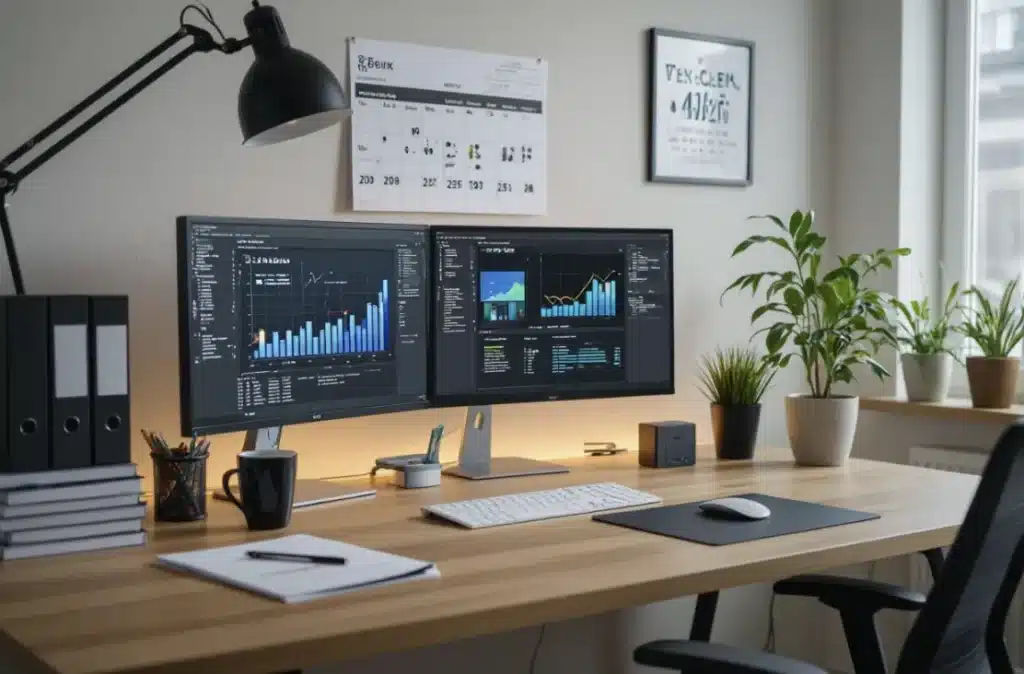 Writing off home office with modern desk setup and dual monitors