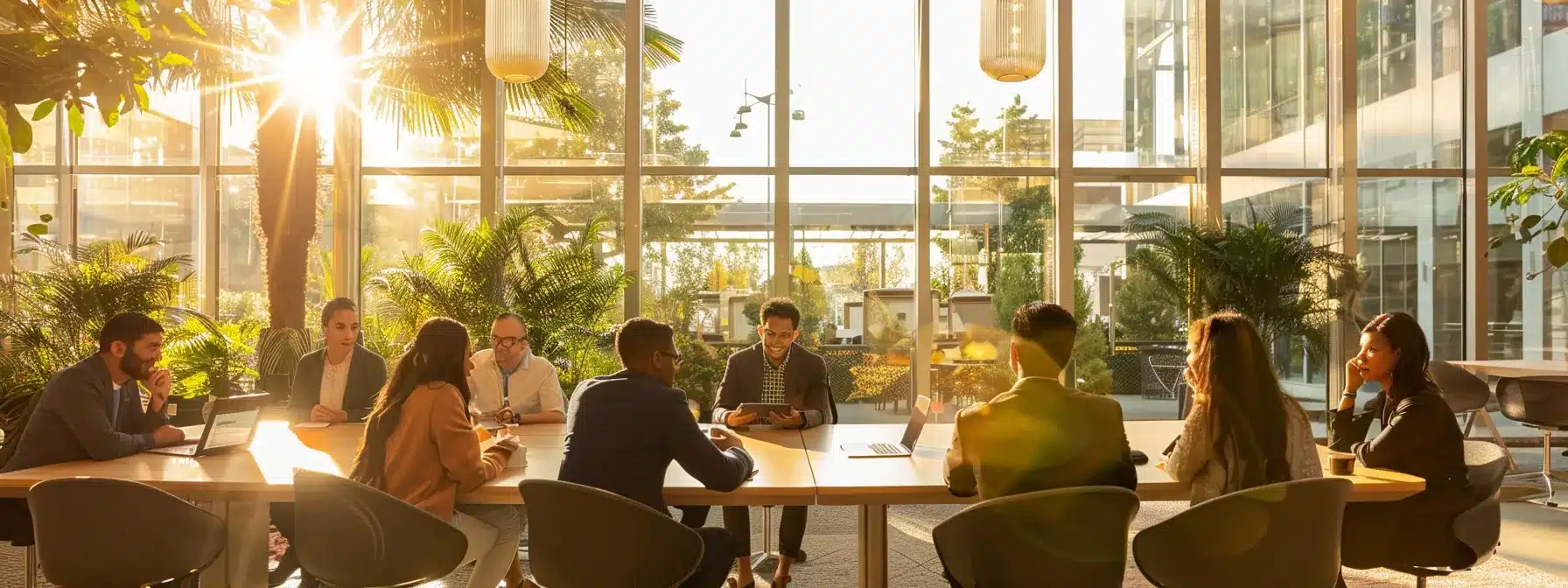 a dynamic and inviting office space features a diverse group of professionals engaged in a collaborative discussion, bathed in warm sunlight streaming through large windows, symbolizing responsive customer support and enhanced financial stability.