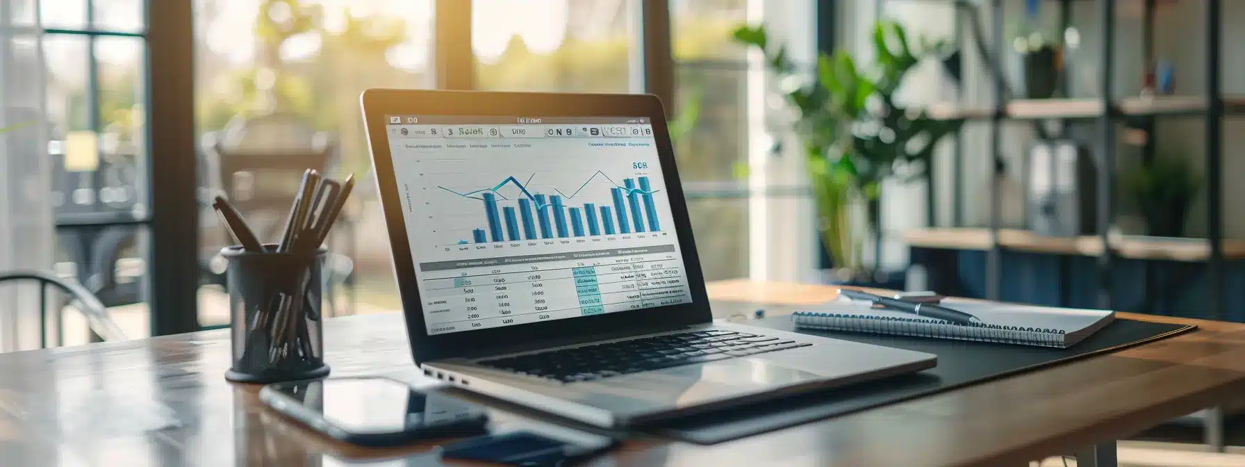 a sleek, modern office desk with a laptop displaying financial graphs and reports, illuminated by natural light, symbolizing efficient cost-saving bookkeeping solutions in a professional environment.