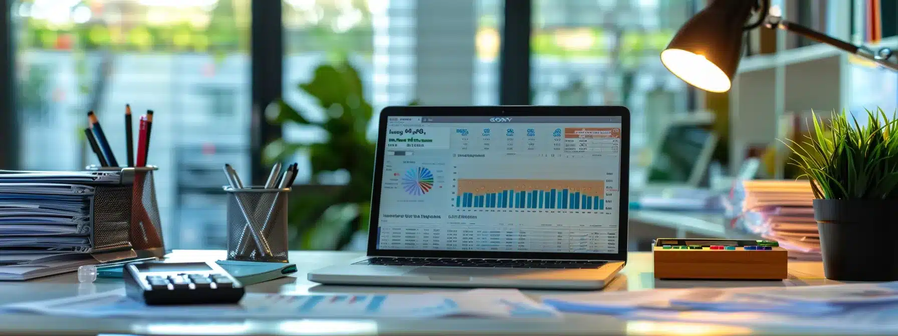 a vibrant, professional workspace features a modern desk with a laptop open to a financial dashboard, surrounded by stacks of organized paperwork and a calculator, symbolizing efficient bookkeeping and financial success.