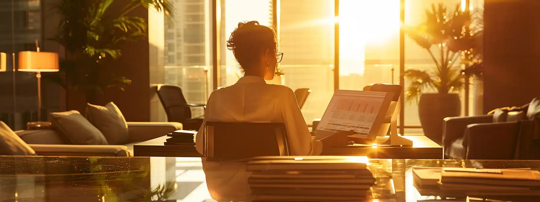 a wealthy individual sits confidently at a sleek desk, reviewing a personalized financial report with graphs depicting significant monthly savings, illuminated by warm natural light streaming through a large window.